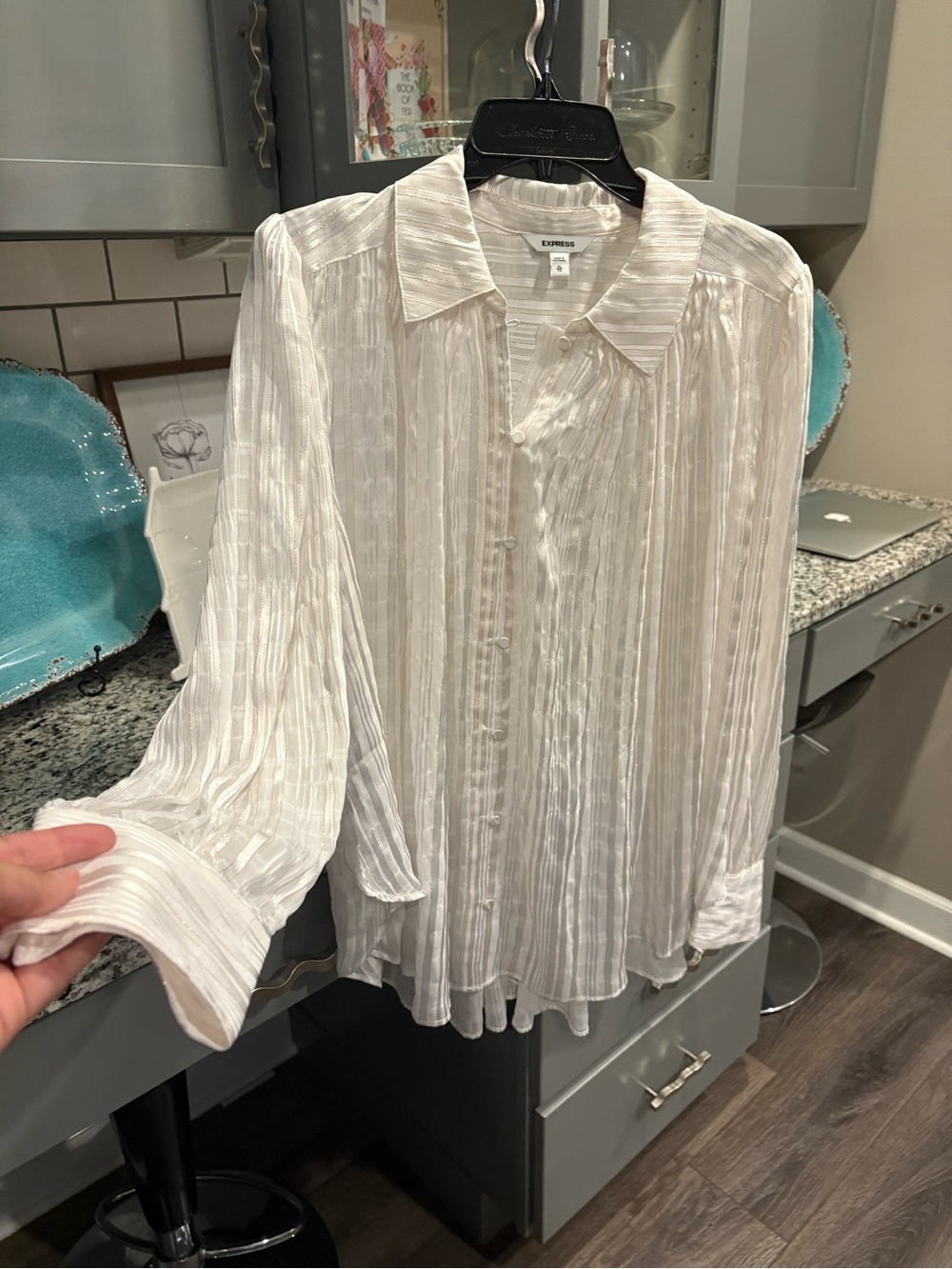 Express White and Gold Sheer Striped Button-Up Shirt - Picture 2 of 6